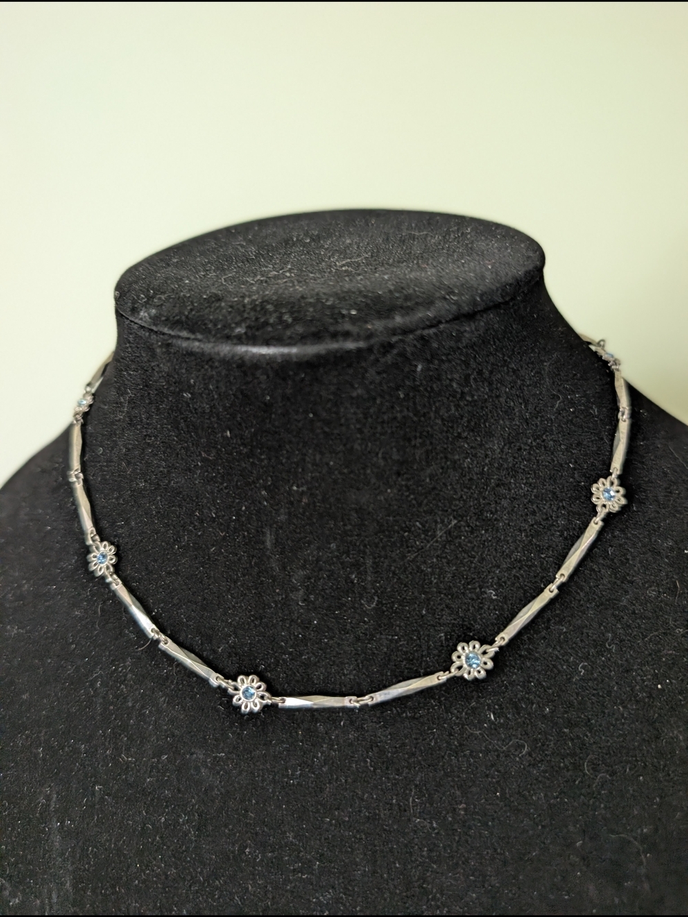 Silvertone Blue Flower Station Necklace